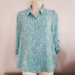Lauren Conrad Light Blue Sheer Buttoned Butterfly Printed Blouse